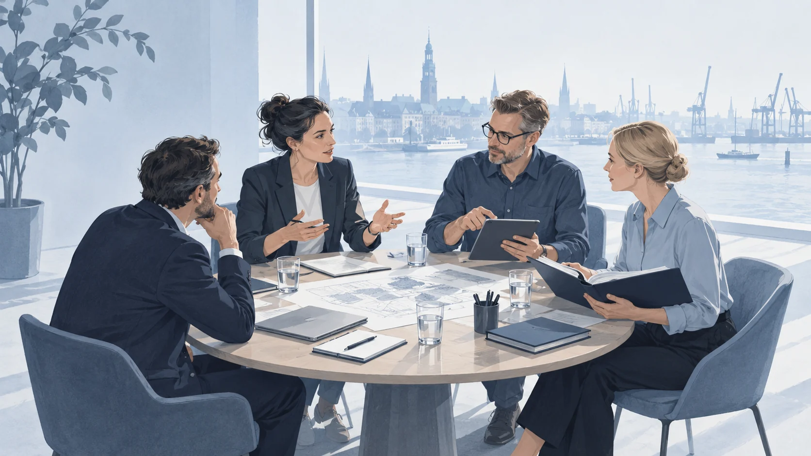 Illustration einer Gruppe von Fachleuten, die gemeinsam an einer Aufgabe arbeiten.